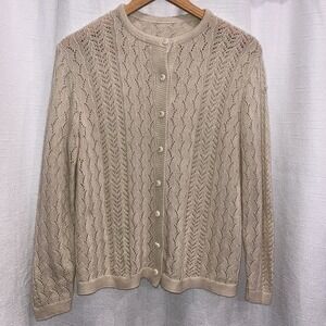 VTG Beige Cardigan Womens S/M‎ Cable Knit Pearl Button Up Demure Granny Cottage